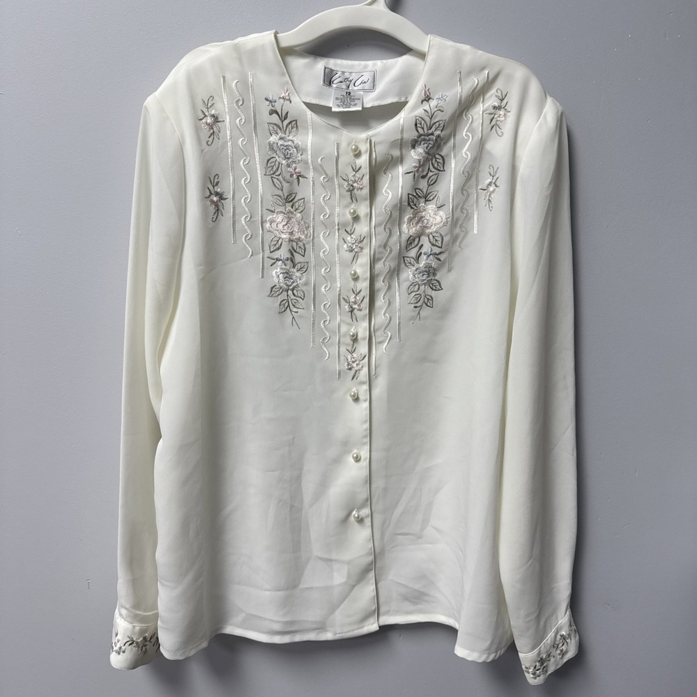 Vintage 80's Kathy Che Button Blouse Womens 12 Embroidered Floral Shoulder Pads